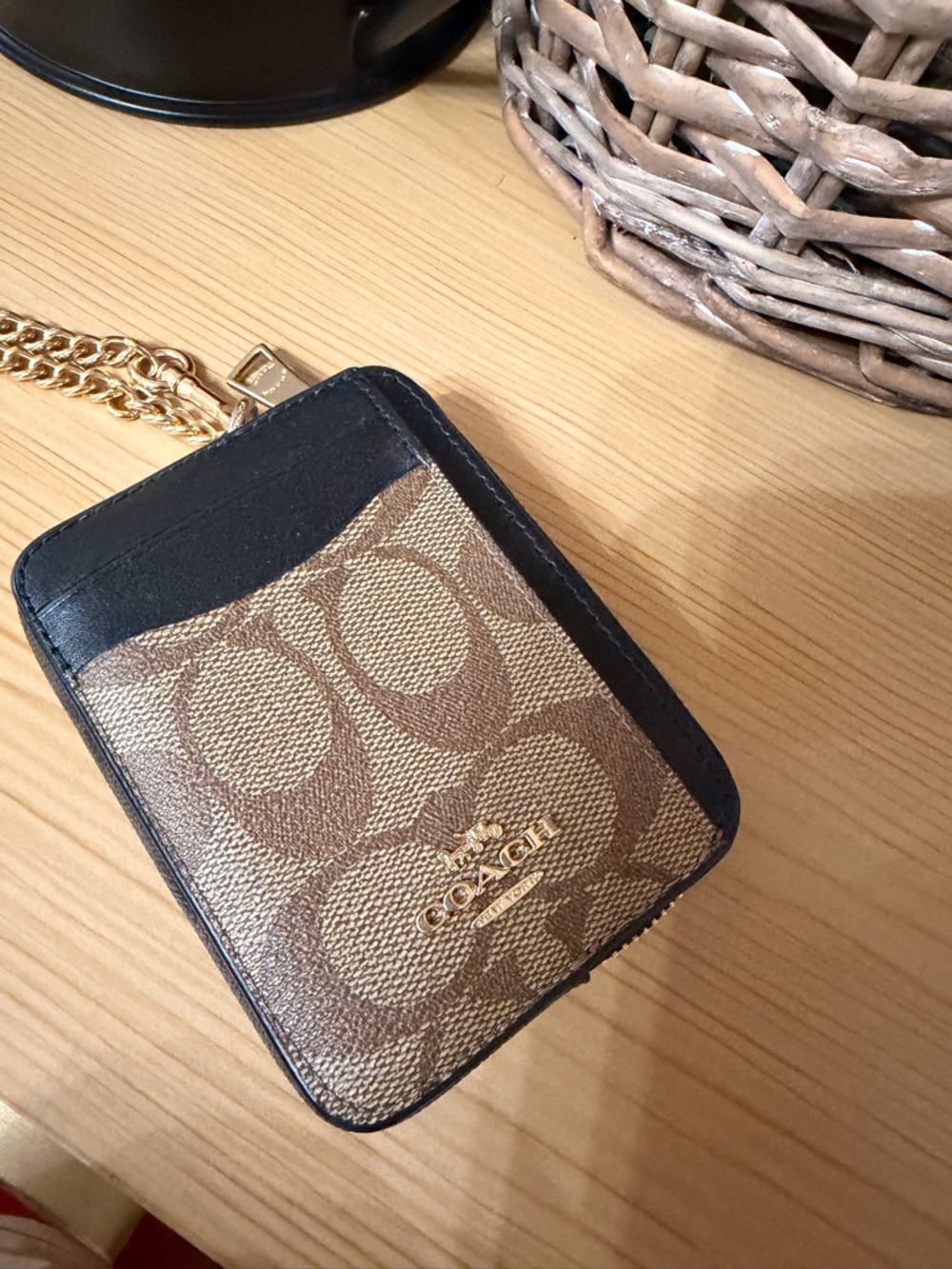 Coach Brown Signature Canvas Card Holder with Black Trim and Gold Chain